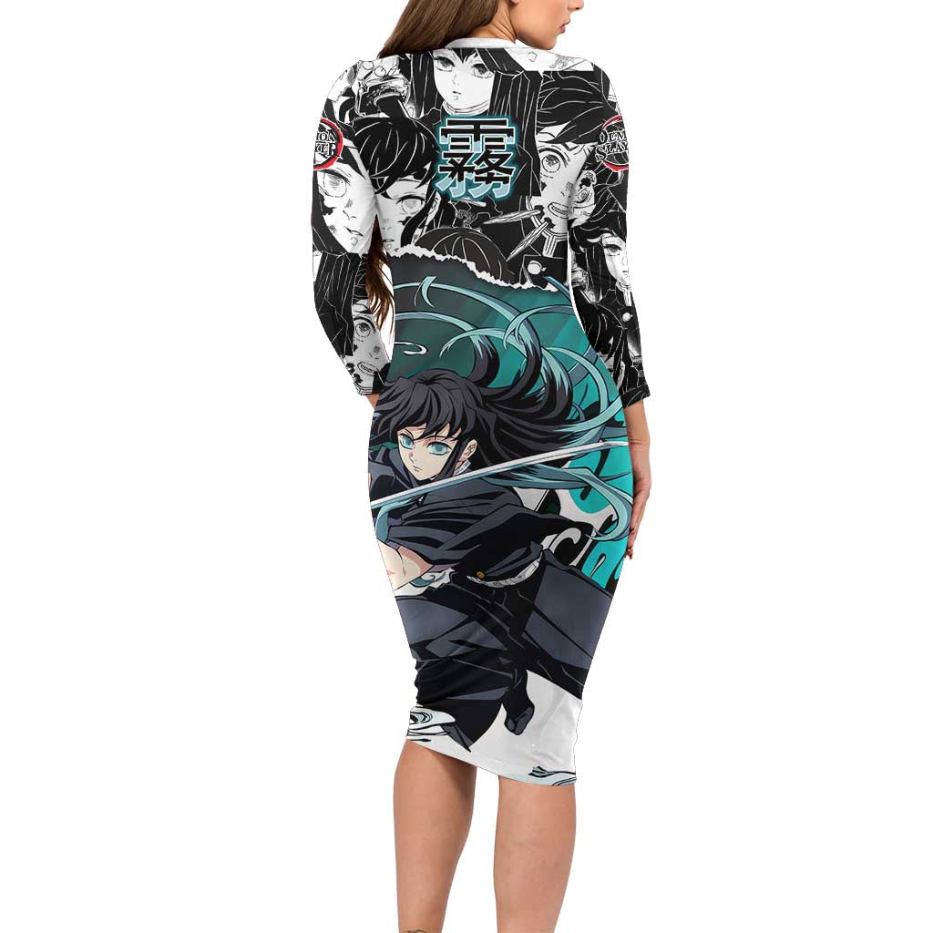 Muichiro Tokito Demon Slayer Mist Hashira Design Family Matching Long Sleeve Bodycon Dress and Hawaiian Shirt with Manga Panels and Teal Sword Art