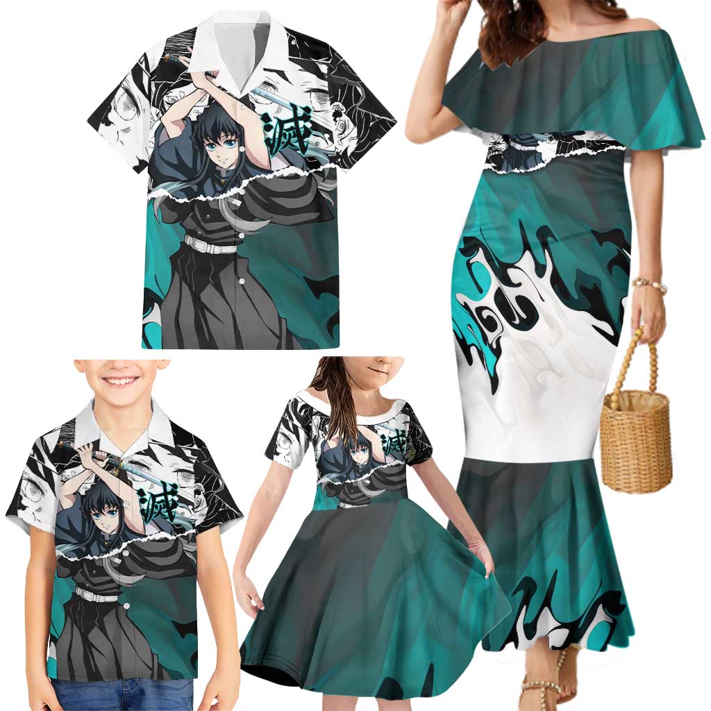 Muichiro Tokito Demon Slayer Mist Hashira Design Family Matching Mermaid Dress and Hawaiian Shirt with Manga Panels and Teal Sword Art