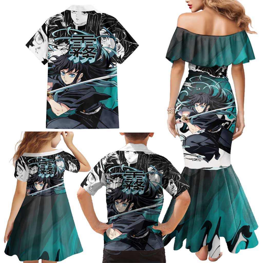 Muichiro Tokito Demon Slayer Mist Hashira Design Family Matching Mermaid Dress and Hawaiian Shirt with Manga Panels and Teal Sword Art