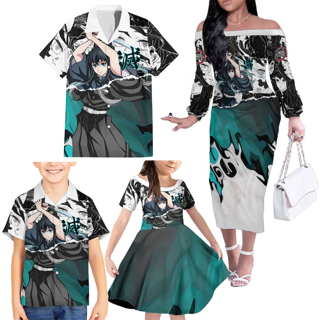 Muichiro Tokito Demon Slayer Mist Hashira Design Family Matching Off The Shoulder Long Sleeve Dress and Hawaiian Shirt with Manga Panels and Teal Sword Art