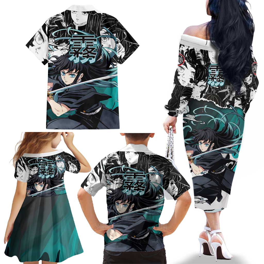 Muichiro Tokito Demon Slayer Mist Hashira Design Family Matching Off The Shoulder Long Sleeve Dress and Hawaiian Shirt with Manga Panels and Teal Sword Art