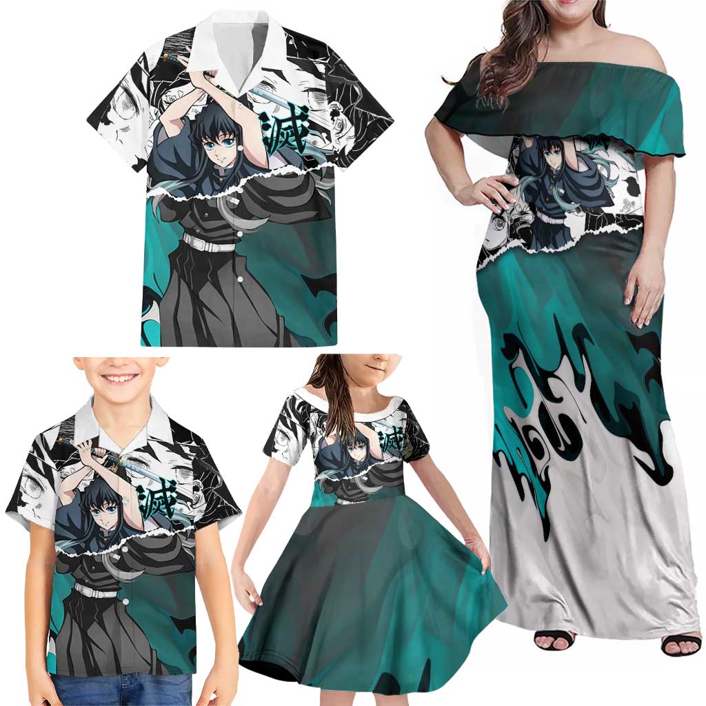Muichiro Tokito Demon Slayer Mist Hashira Design Family Matching Off Shoulder Maxi Dress and Hawaiian Shirt with Manga Panels and Teal Sword Art