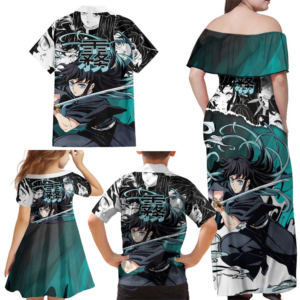 Muichiro Tokito Demon Slayer Mist Hashira Design Family Matching Off Shoulder Maxi Dress and Hawaiian Shirt with Manga Panels and Teal Sword Art
