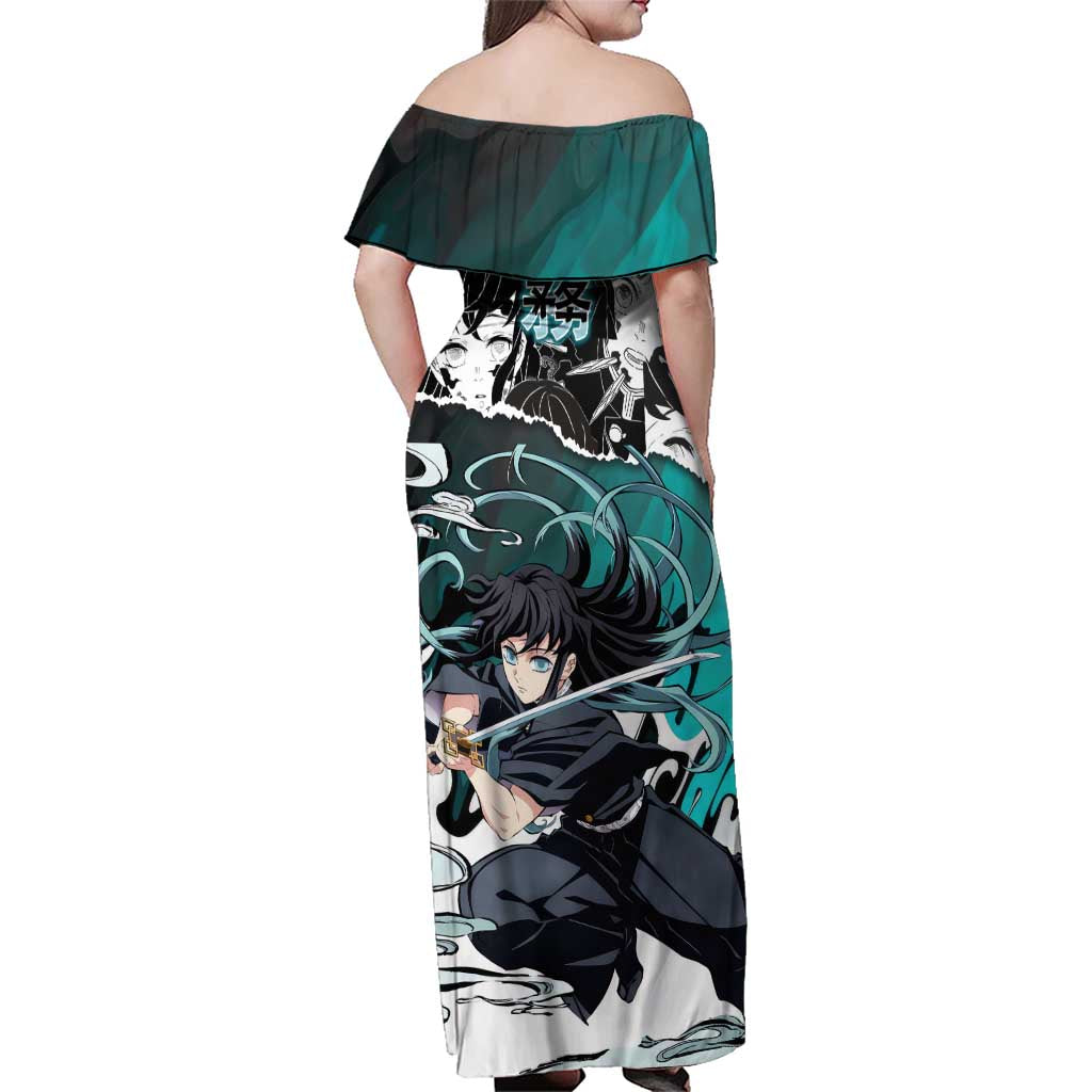 Muichiro Tokito Demon Slayer Mist Hashira Design Family Matching Off Shoulder Maxi Dress and Hawaiian Shirt with Manga Panels and Teal Sword Art