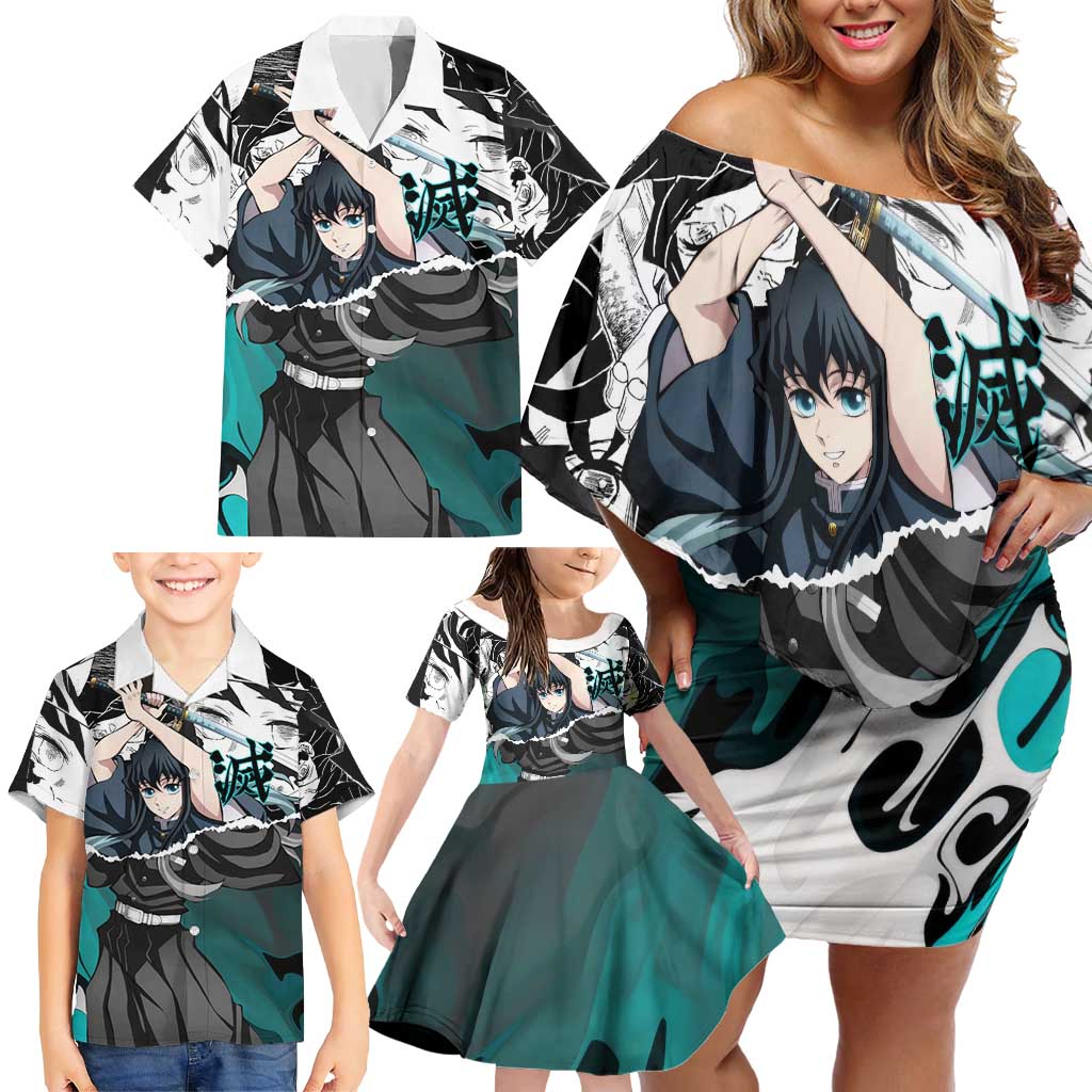Muichiro Tokito Demon Slayer Mist Hashira Design Family Matching Off Shoulder Short Dress and Hawaiian Shirt with Manga Panels and Teal Sword Art