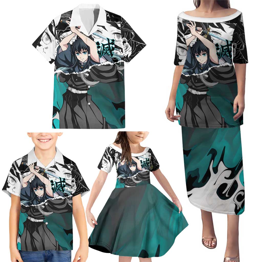 Muichiro Tokito Demon Slayer Mist Hashira Design Family Matching Puletasi and Hawaiian Shirt with Manga Panels and Teal Sword Art