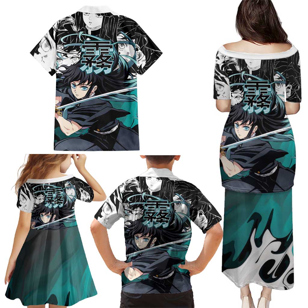 Muichiro Tokito Demon Slayer Mist Hashira Design Family Matching Puletasi and Hawaiian Shirt with Manga Panels and Teal Sword Art