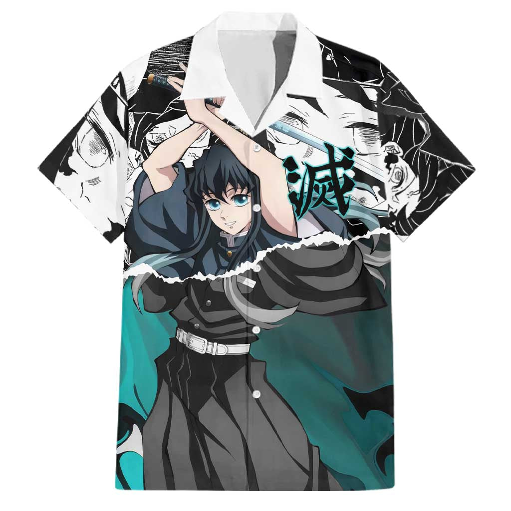 Muichiro Tokito Demon Slayer Mist Hashira Design Family Matching Puletasi and Hawaiian Shirt with Manga Panels and Teal Sword Art
