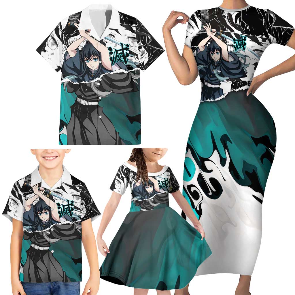 Muichiro Tokito Demon Slayer Mist Hashira Design Family Matching Short Sleeve Bodycon Dress and Hawaiian Shirt with Manga Panels and Teal Sword Art