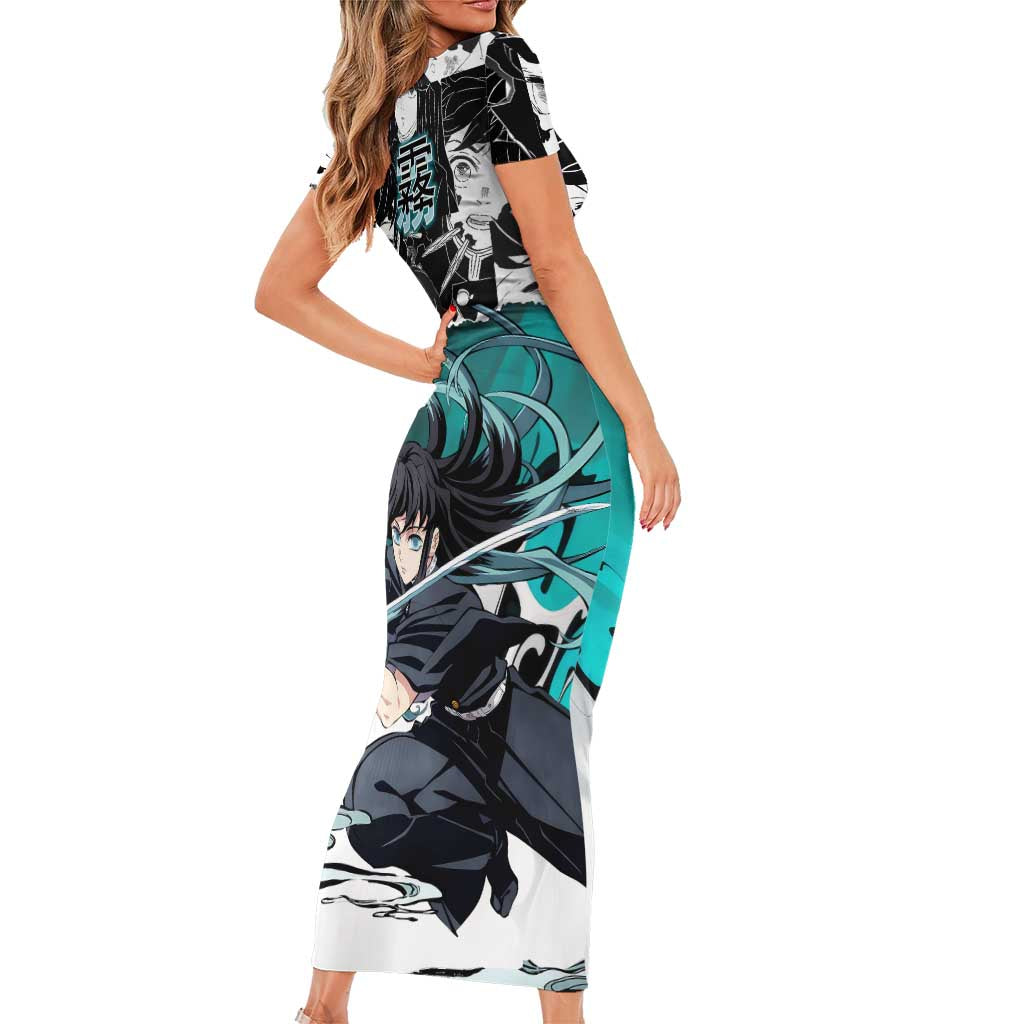 Muichiro Tokito Demon Slayer Mist Hashira Design Family Matching Short Sleeve Bodycon Dress and Hawaiian Shirt with Manga Panels and Teal Sword Art