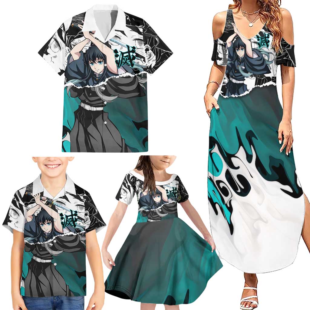 Muichiro Tokito Demon Slayer Mist Hashira Design Family Matching Summer Maxi Dress and Hawaiian Shirt with Manga Panels and Teal Sword Art