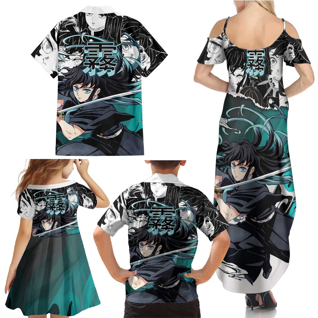 Muichiro Tokito Demon Slayer Mist Hashira Design Family Matching Summer Maxi Dress and Hawaiian Shirt with Manga Panels and Teal Sword Art