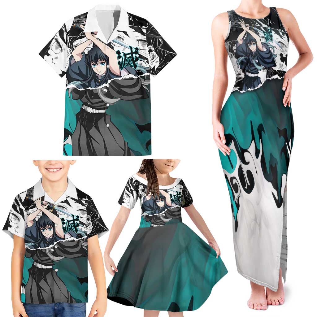 Muichiro Tokito Demon Slayer Mist Hashira Design Family Matching Tank Maxi Dress and Hawaiian Shirt with Manga Panels and Teal Sword Art
