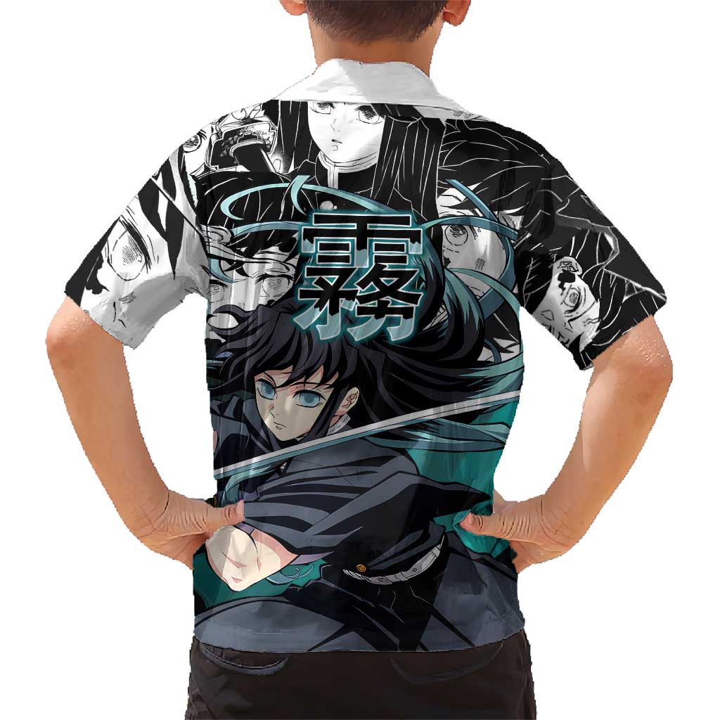 Muichiro Tokito Demon Slayer Mist Hashira Design Family Matching Tank Maxi Dress and Hawaiian Shirt with Manga Panels and Teal Sword Art