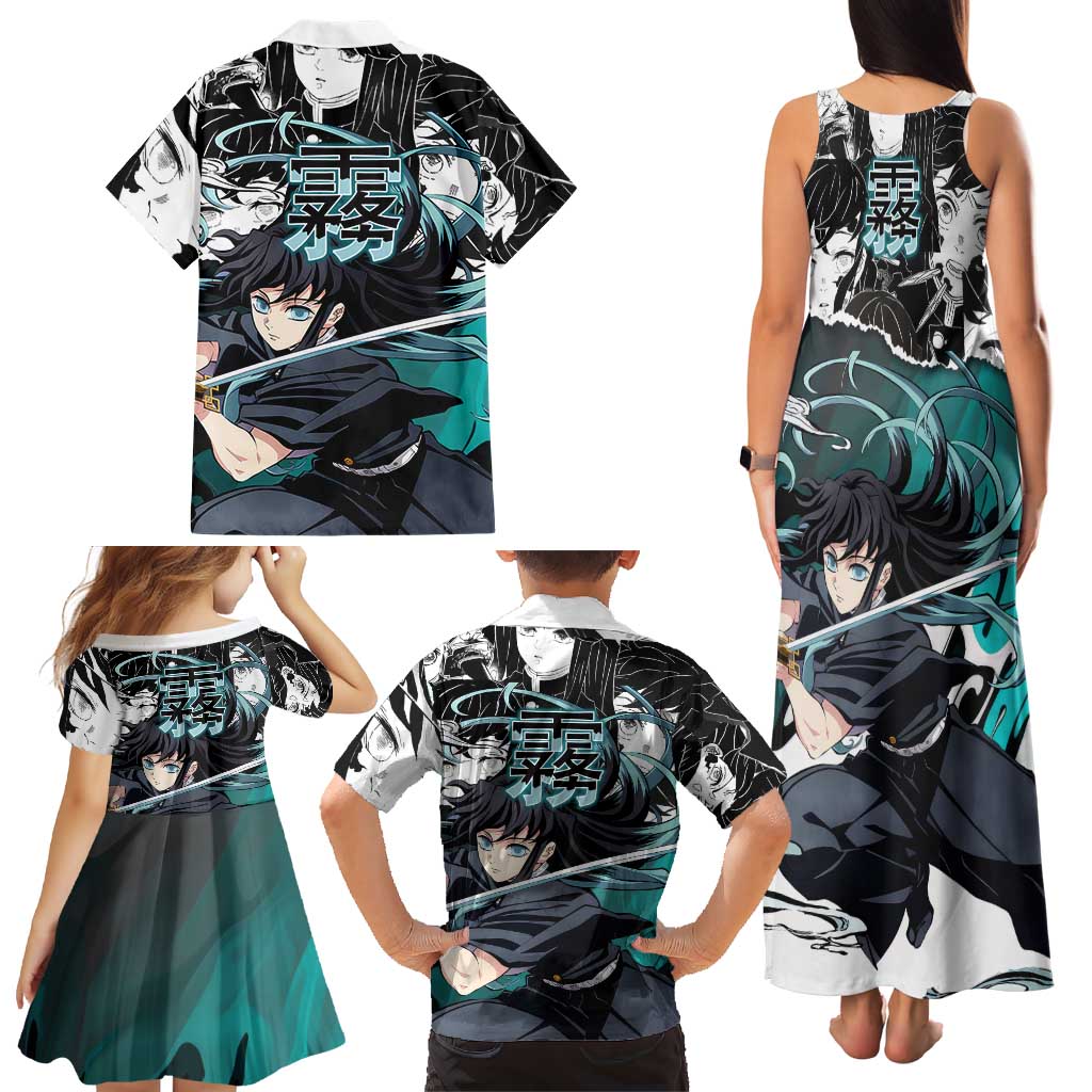 Muichiro Tokito Demon Slayer Mist Hashira Design Family Matching Tank Maxi Dress and Hawaiian Shirt with Manga Panels and Teal Sword Art