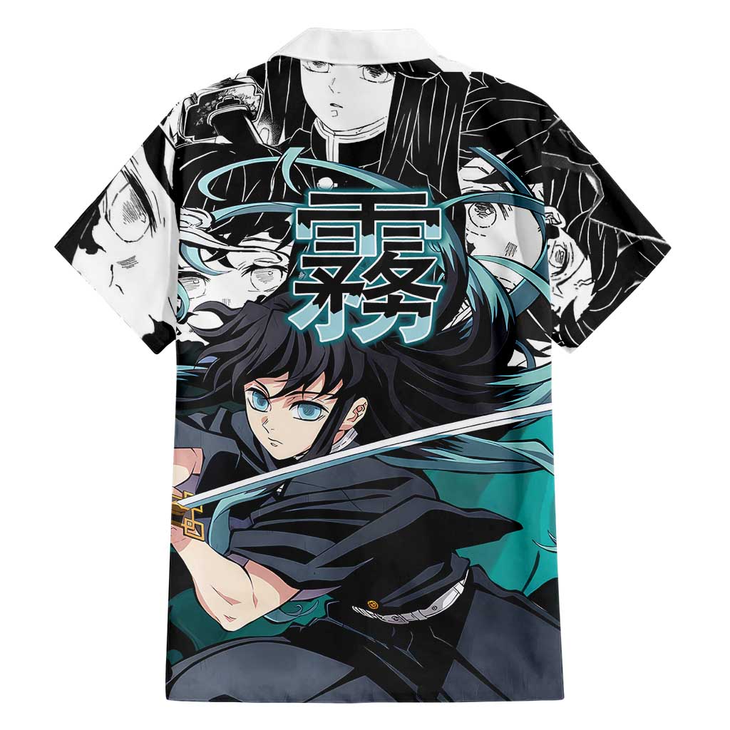 Muichiro Tokito Demon Slayer Mist Hashira Design Family Matching Tank Maxi Dress and Hawaiian Shirt with Manga Panels and Teal Sword Art