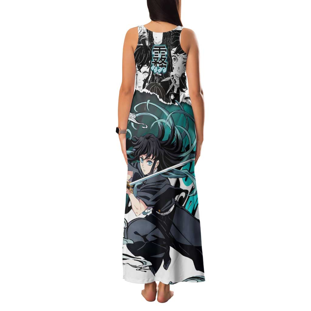 Muichiro Tokito Demon Slayer Mist Hashira Design Family Matching Tank Maxi Dress and Hawaiian Shirt with Manga Panels and Teal Sword Art