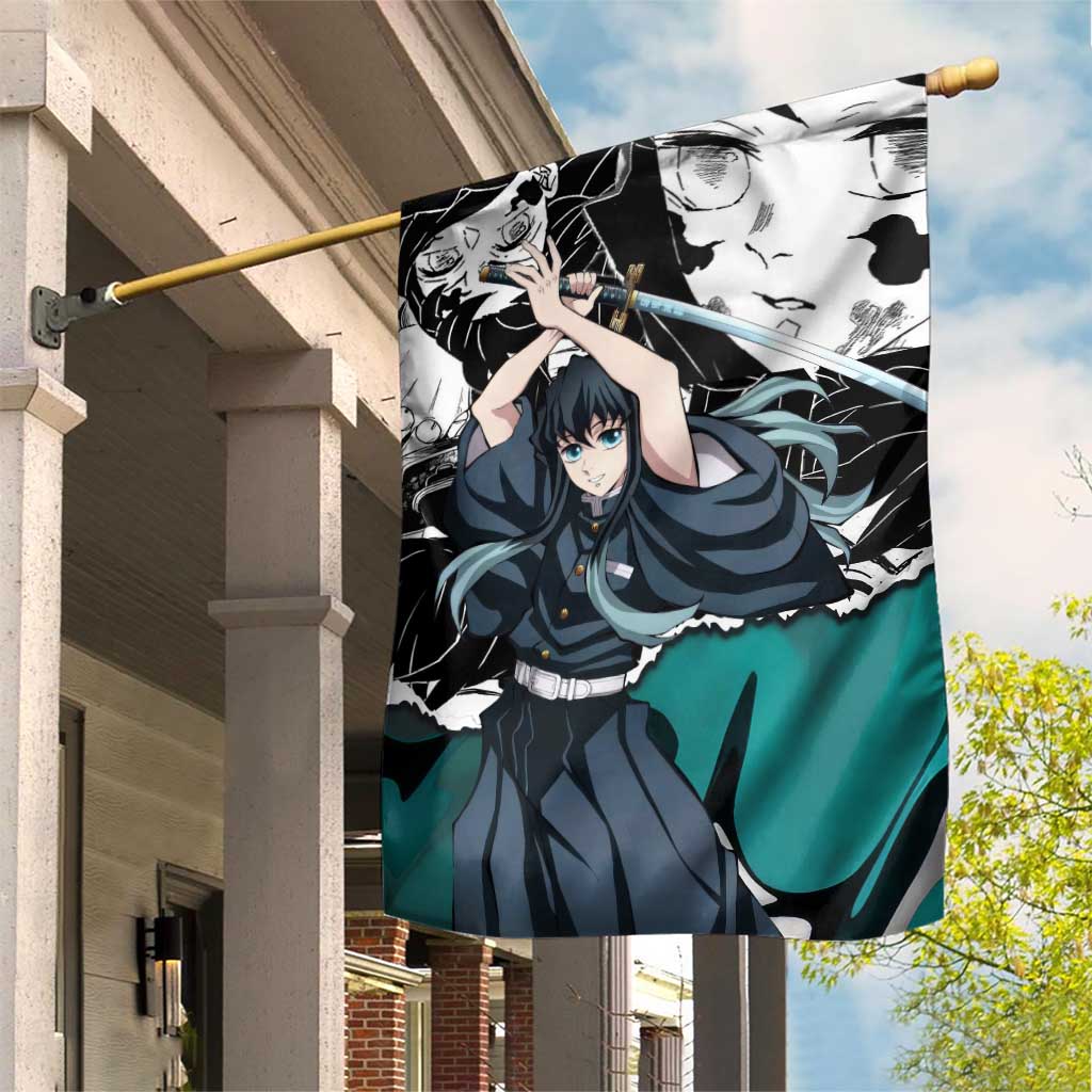 Muichiro Tokito Demon Slayer Mist Hashira Design Garden Flag with Manga Panels and Teal Sword Art - The Mazicc