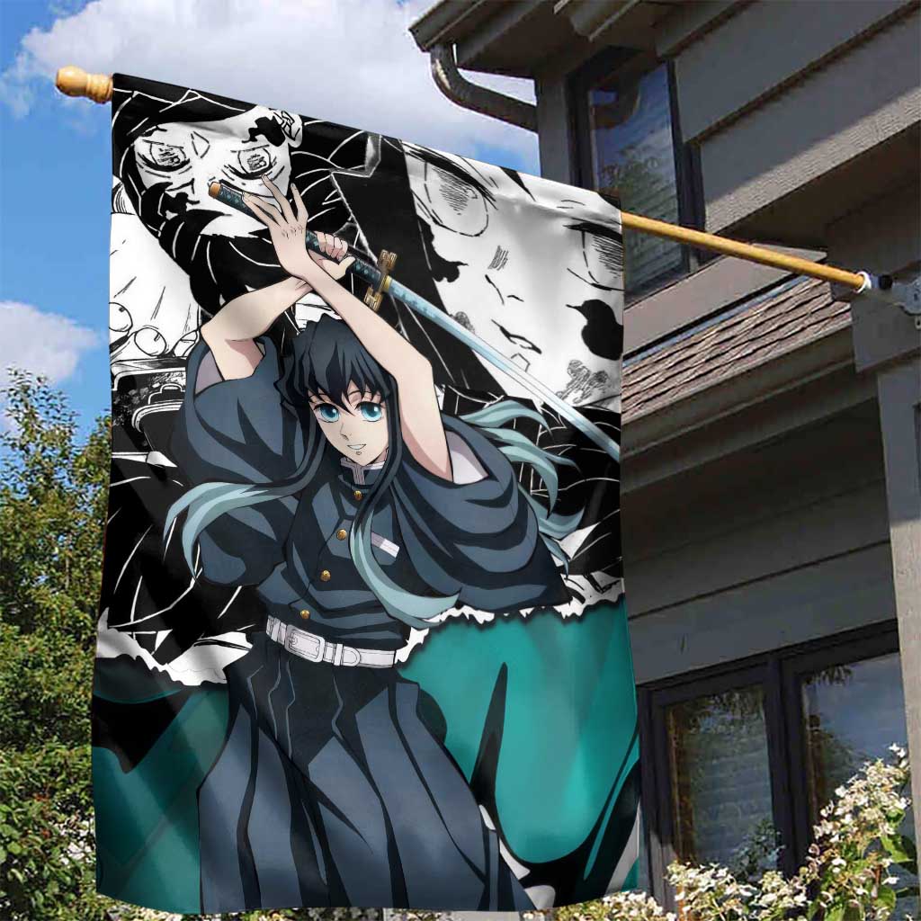 Muichiro Tokito Demon Slayer Mist Hashira Design Garden Flag with Manga Panels and Teal Sword Art - The Mazicc