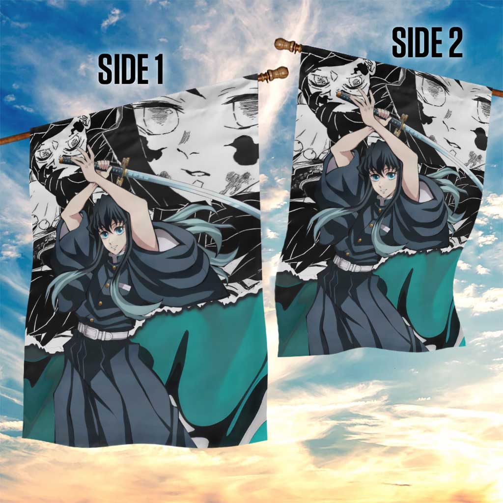 Muichiro Tokito Demon Slayer Mist Hashira Design Garden Flag with Manga Panels and Teal Sword Art - The Mazicc