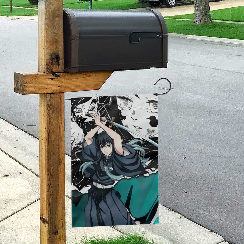 Muichiro Tokito Demon Slayer Mist Hashira Design Garden Flag with Manga Panels and Teal Sword Art - The Mazicc