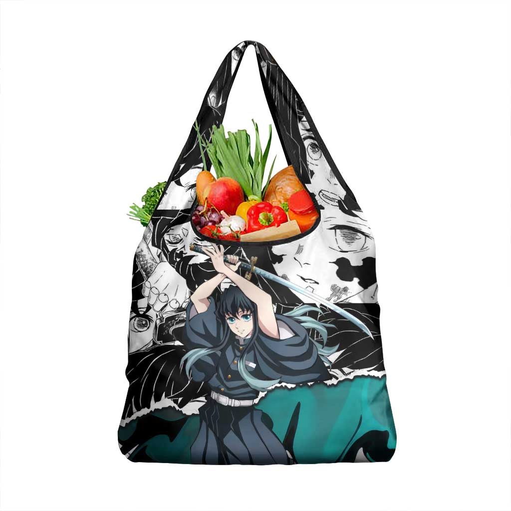 Muichiro Tokito Demon Slayer Mist Hashira Design Grocery Bag with Manga Panels and Teal Sword Art - The Mazicc