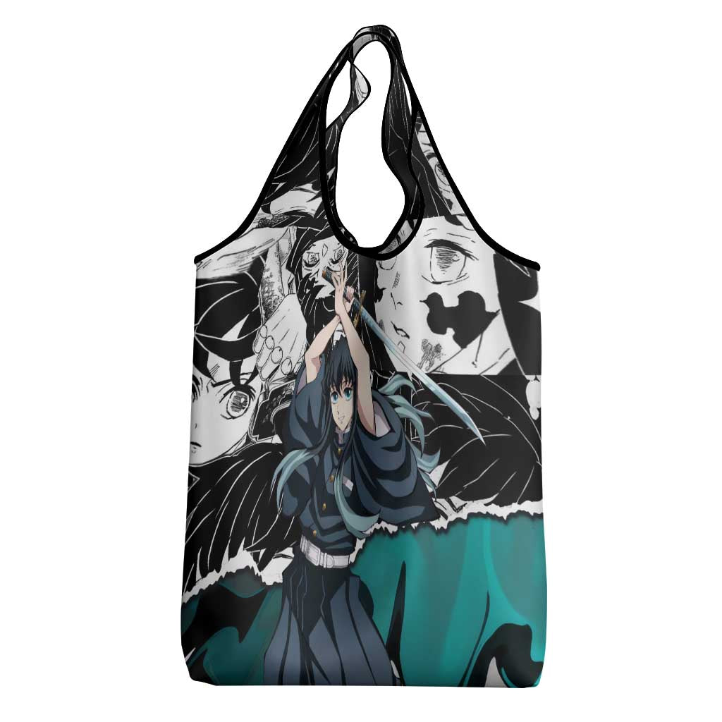 Muichiro Tokito Demon Slayer Mist Hashira Design Grocery Bag with Manga Panels and Teal Sword Art - The Mazicc