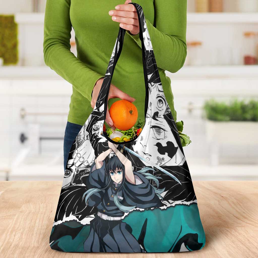 Muichiro Tokito Demon Slayer Mist Hashira Design Grocery Bag with Manga Panels and Teal Sword Art - The Mazicc