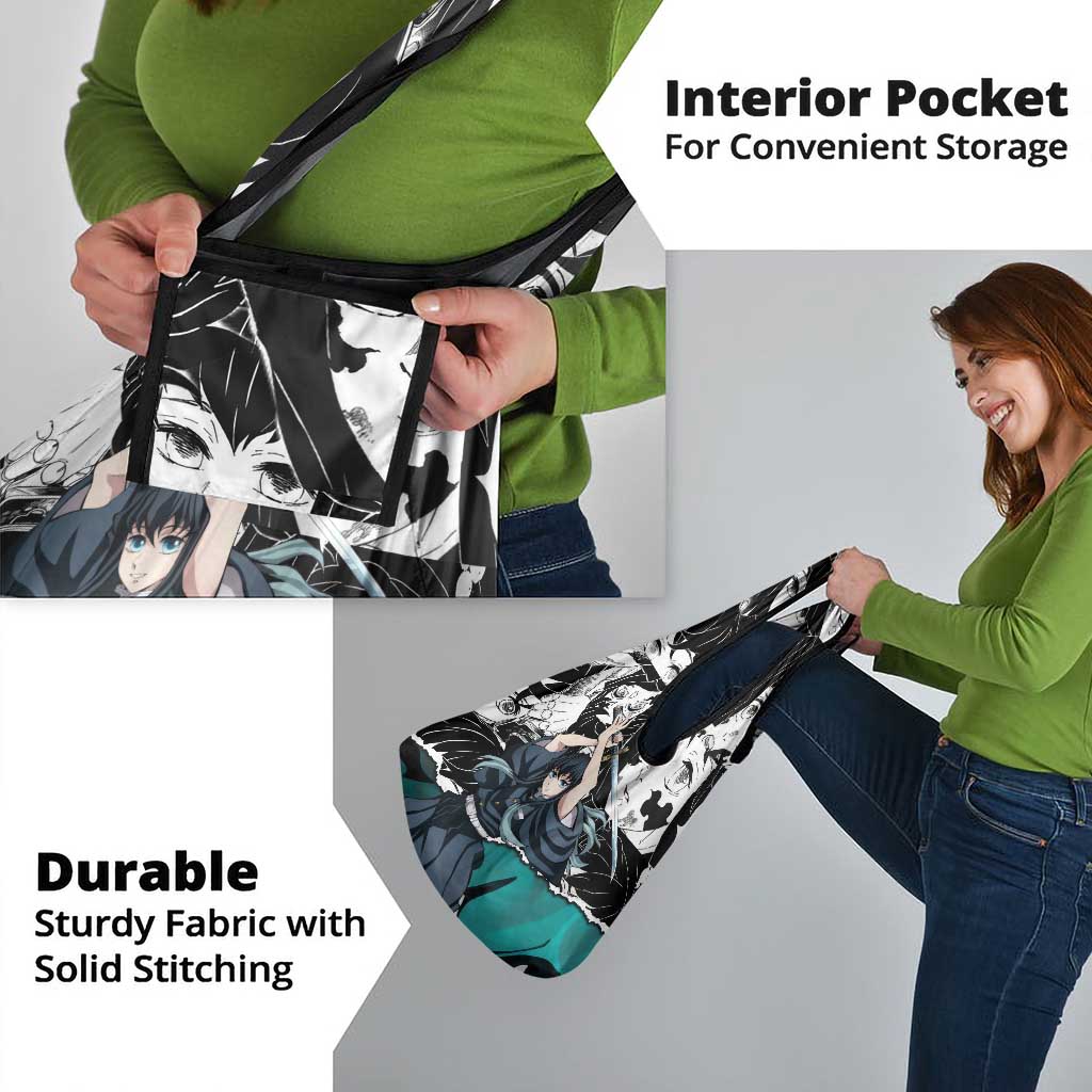 Muichiro Tokito Demon Slayer Mist Hashira Design Grocery Bag with Manga Panels and Teal Sword Art - The Mazicc