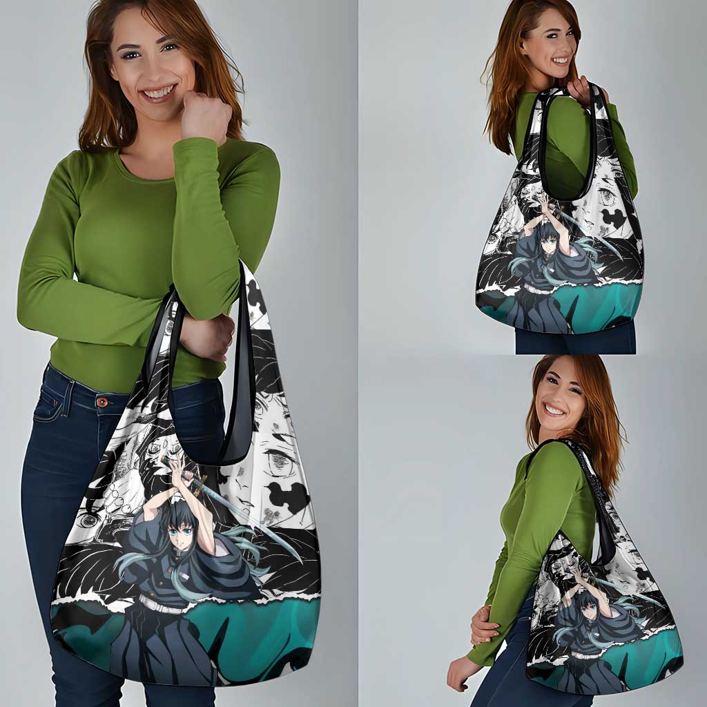 Muichiro Tokito Demon Slayer Mist Hashira Design Grocery Bag with Manga Panels and Teal Sword Art - The Mazicc