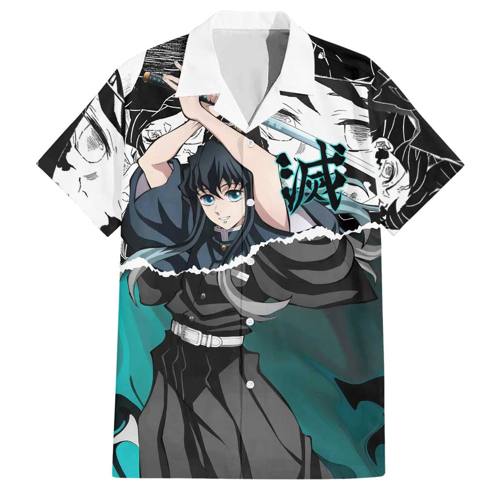 Muichiro Tokito Demon Slayer Mist Hashira Design Hawaiian Shirt with Manga Panels and Teal Sword Art - The Mazicc