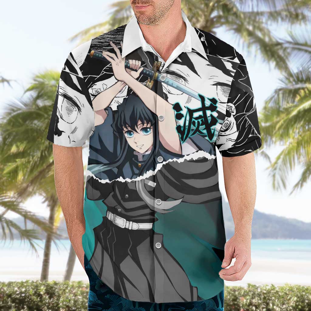 Muichiro Tokito Demon Slayer Mist Hashira Design Hawaiian Shirt with Manga Panels and Teal Sword Art - The Mazicc