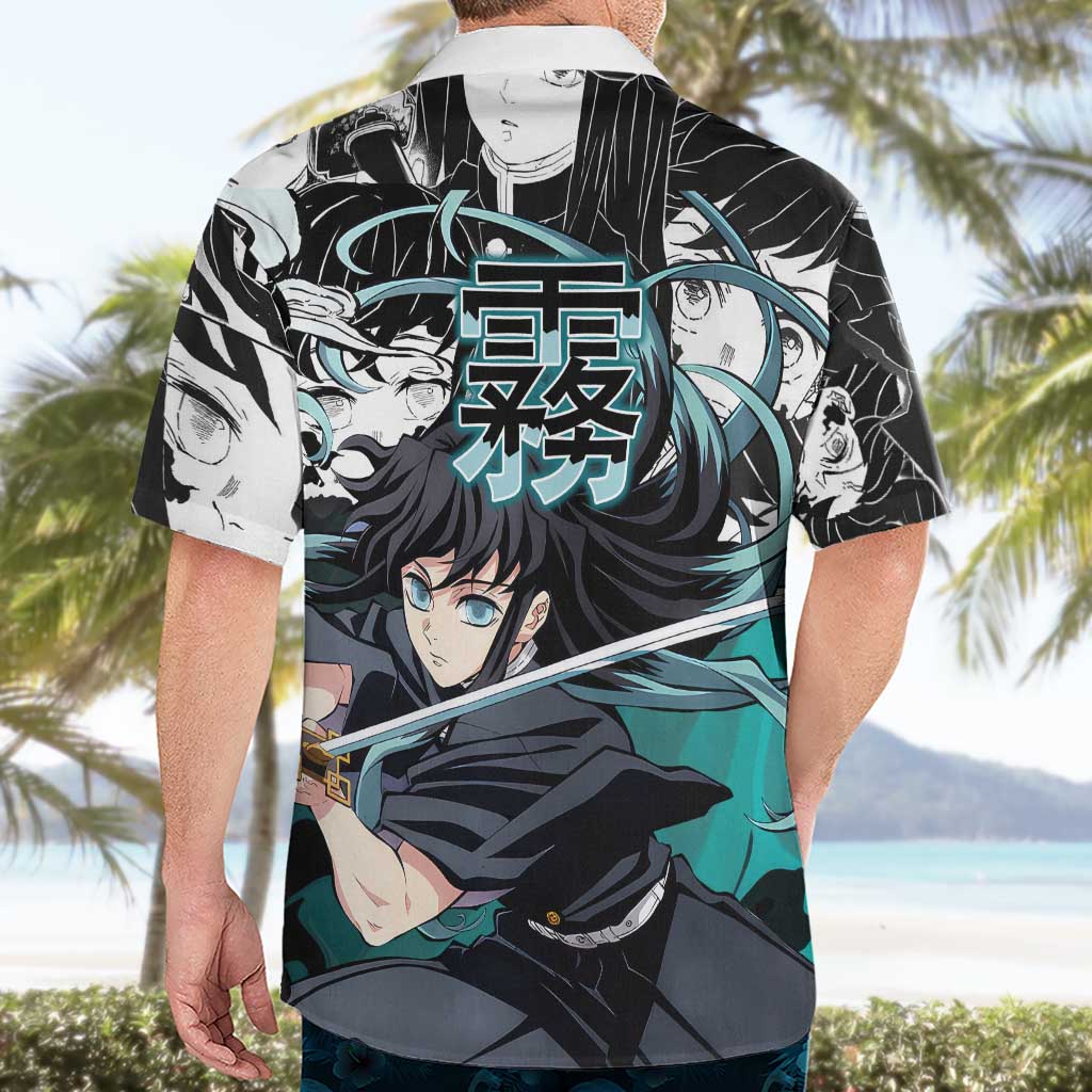 Muichiro Tokito Demon Slayer Mist Hashira Design Hawaiian Shirt with Manga Panels and Teal Sword Art - The Mazicc