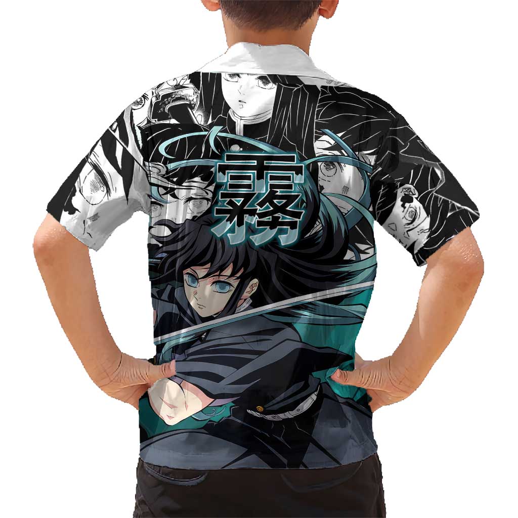 Muichiro Tokito Demon Slayer Mist Hashira Design Hawaiian Shirt with Manga Panels and Teal Sword Art - The Mazicc