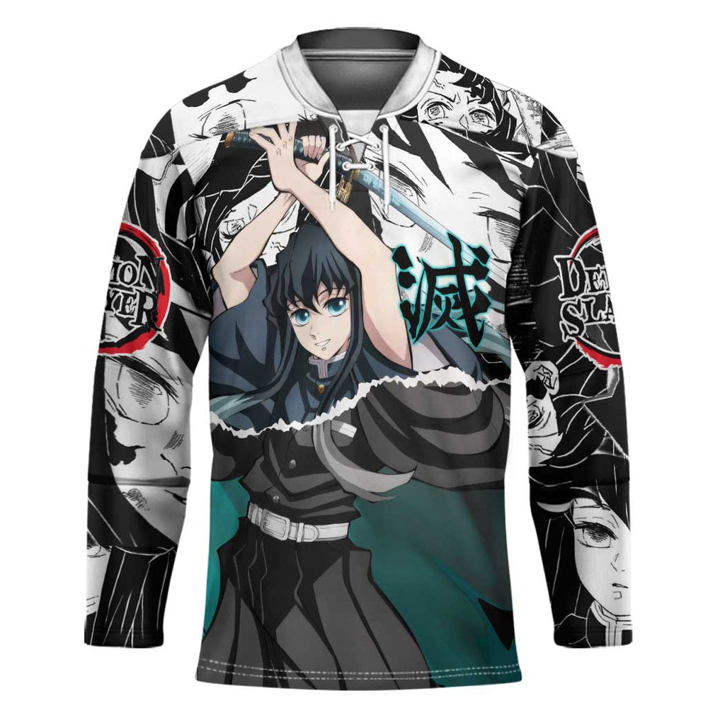 Muichiro Tokito Demon Slayer Mist Hashira Design Hockey Jersey with Manga Panels and Teal Sword Art - The Mazicc