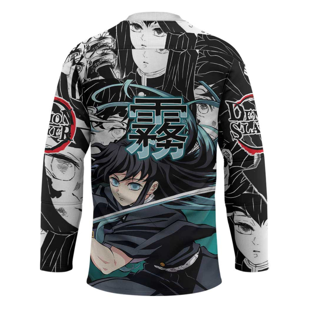 Muichiro Tokito Demon Slayer Mist Hashira Design Hockey Jersey with Manga Panels and Teal Sword Art - The Mazicc