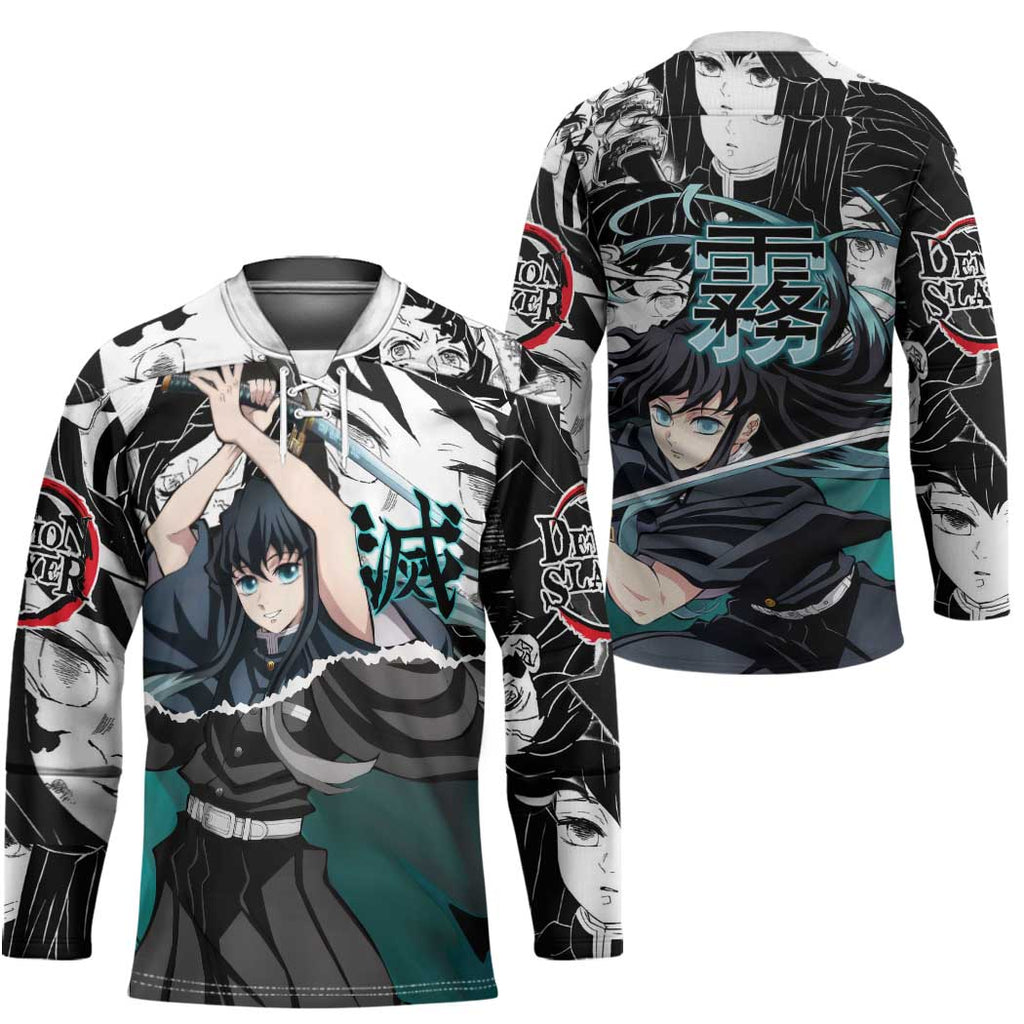 Muichiro Tokito Demon Slayer Mist Hashira Design Hockey Jersey with Manga Panels and Teal Sword Art - The Mazicc
