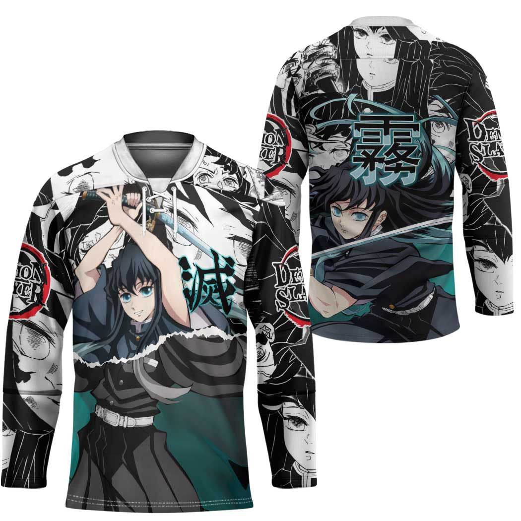 Muichiro Tokito Demon Slayer Mist Hashira Design Hockey Jersey with Manga Panels and Teal Sword Art - The Mazicc