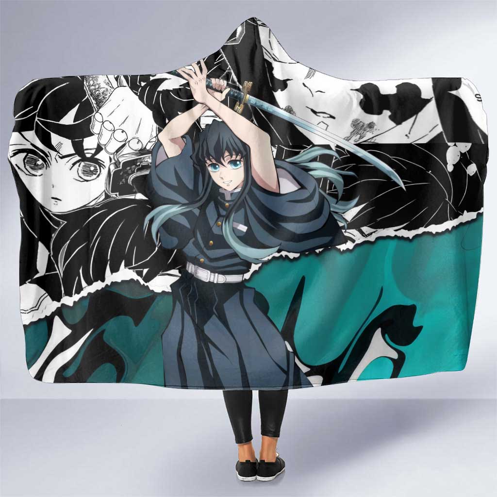 Muichiro Tokito Demon Slayer Mist Hashira Design Hooded Blanket with Manga Panels and Teal Sword Art - The Mazicc