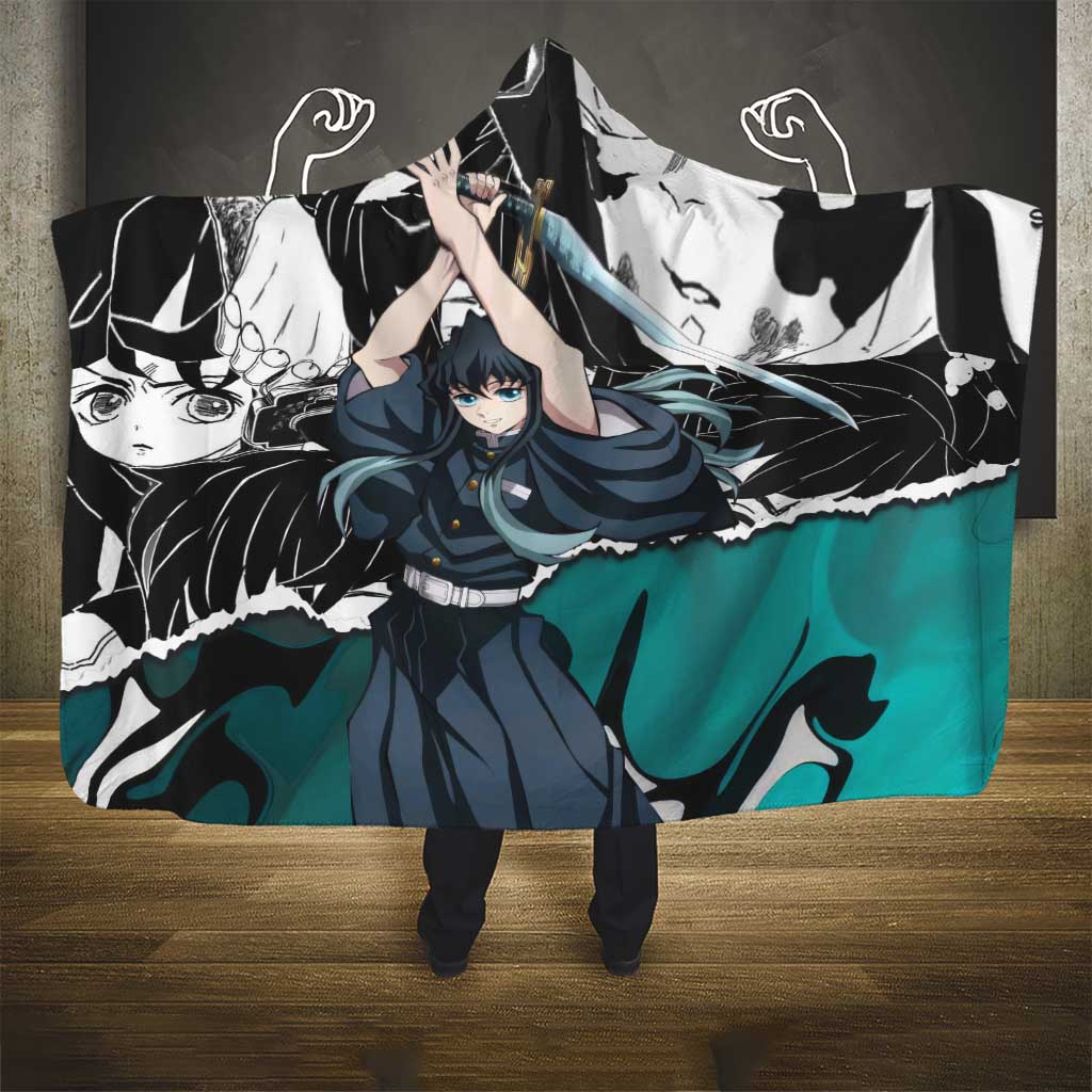 Muichiro Tokito Demon Slayer Mist Hashira Design Hooded Blanket with Manga Panels and Teal Sword Art - The Mazicc