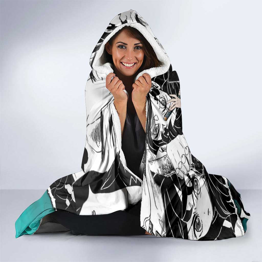 Muichiro Tokito Demon Slayer Mist Hashira Design Hooded Blanket with Manga Panels and Teal Sword Art - The Mazicc