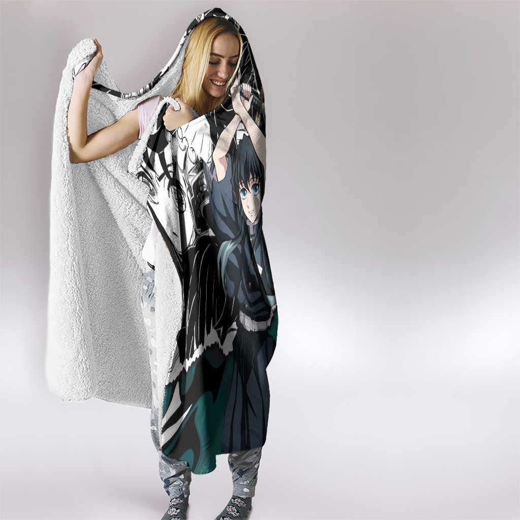 Muichiro Tokito Demon Slayer Mist Hashira Design Hooded Blanket with Manga Panels and Teal Sword Art - The Mazicc