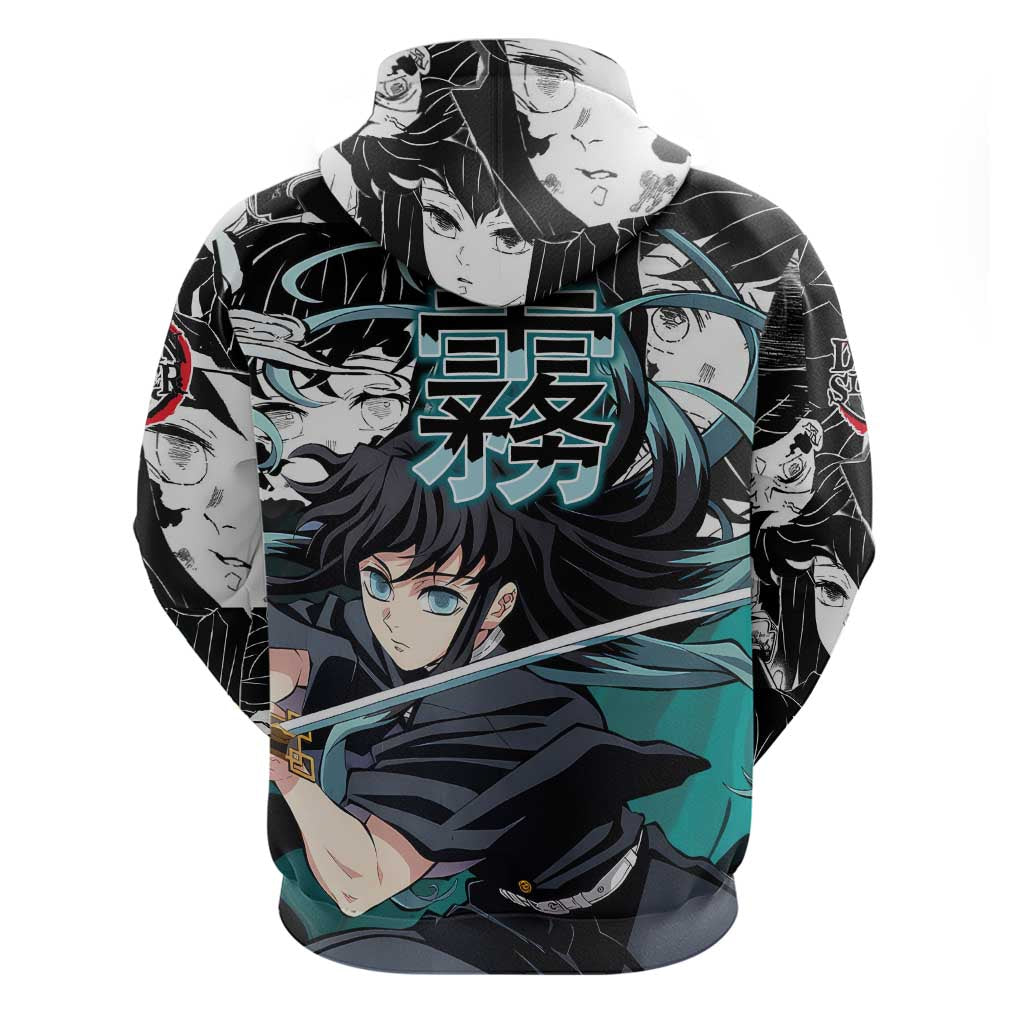 Muichiro Tokito Demon Slayer Mist Hashira Design Hoodie with Manga Panels and Teal Sword Art - The Mazicc