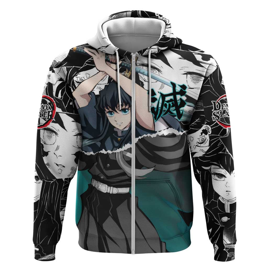 Muichiro Tokito Demon Slayer Mist Hashira Design Hoodie with Manga Panels and Teal Sword Art - The Mazicc