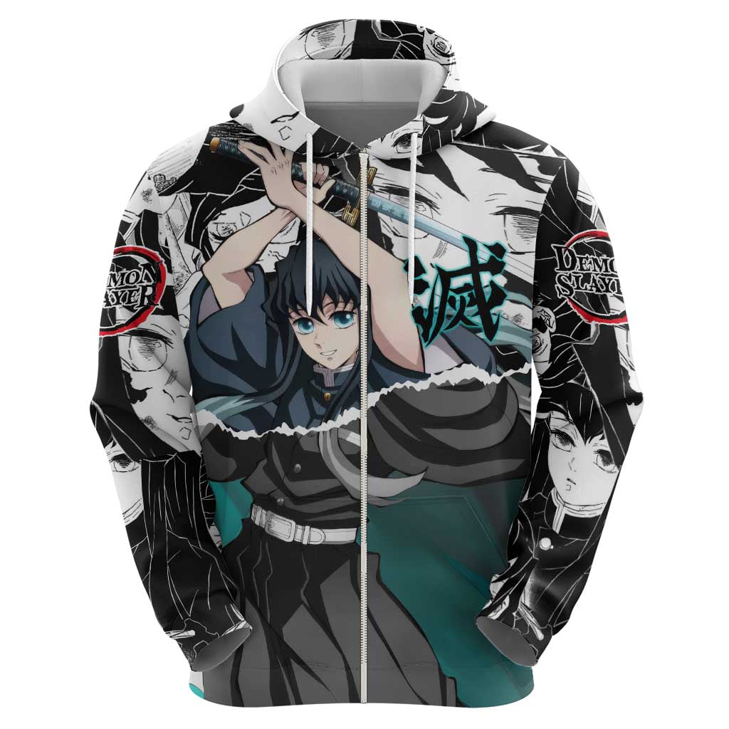 Muichiro Tokito Demon Slayer Mist Hashira Design Hoodie with Manga Panels and Teal Sword Art - The Mazicc