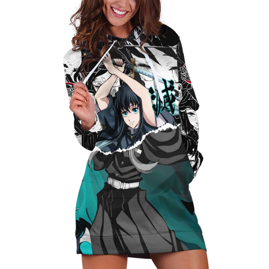 Muichiro Tokito Demon Slayer Mist Hashira Design Hoodie Dress with Manga Panels and Teal Sword Art - The Mazicc