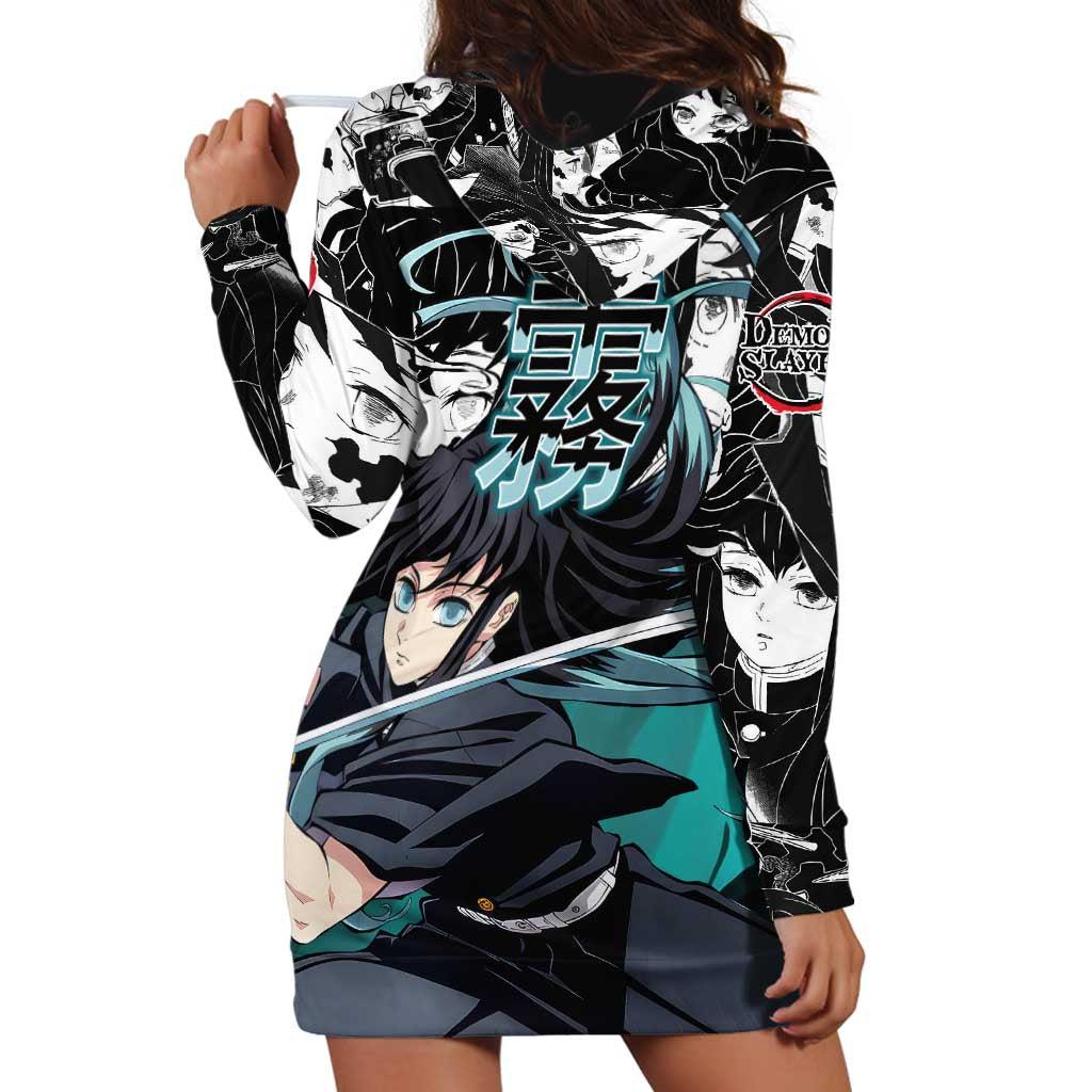 Muichiro Tokito Demon Slayer Mist Hashira Design Hoodie Dress with Manga Panels and Teal Sword Art - The Mazicc