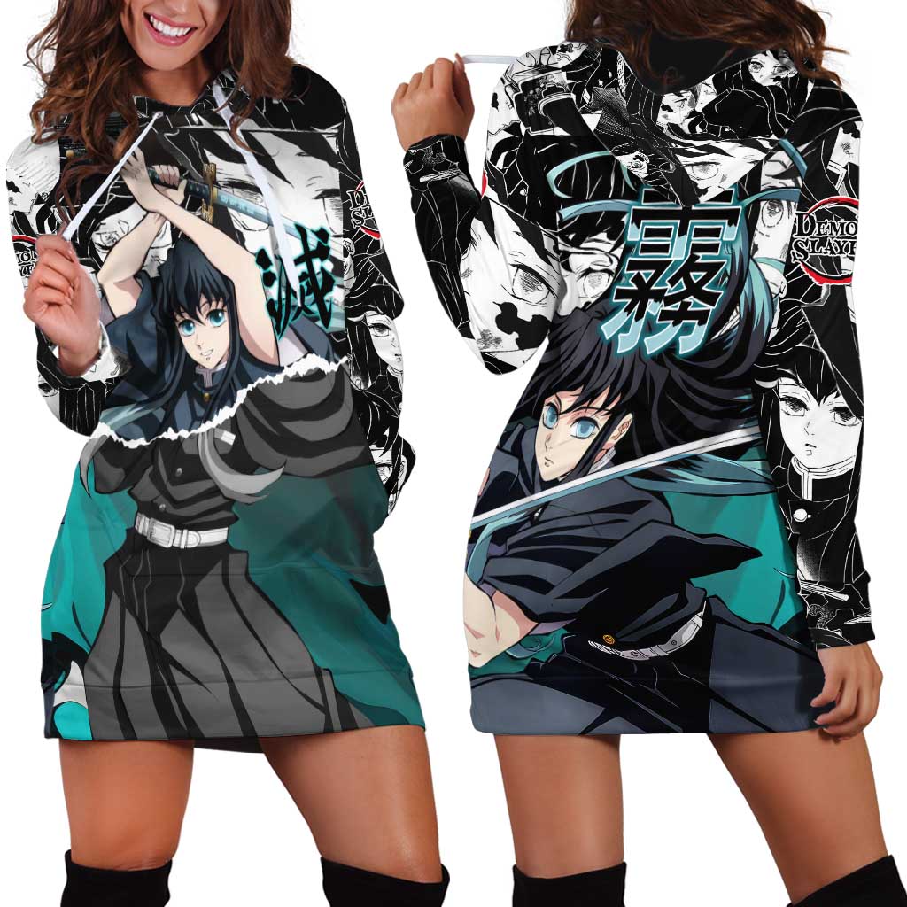 Muichiro Tokito Demon Slayer Mist Hashira Design Hoodie Dress with Manga Panels and Teal Sword Art - The Mazicc