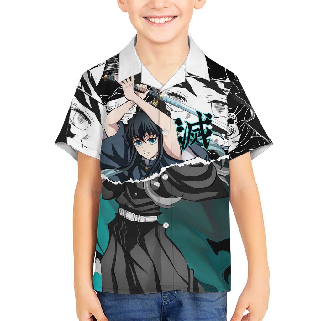 Muichiro Tokito Demon Slayer Mist Hashira Design Kid Hawaiian Shirt with Manga Panels and Teal Sword Art - The Mazicc