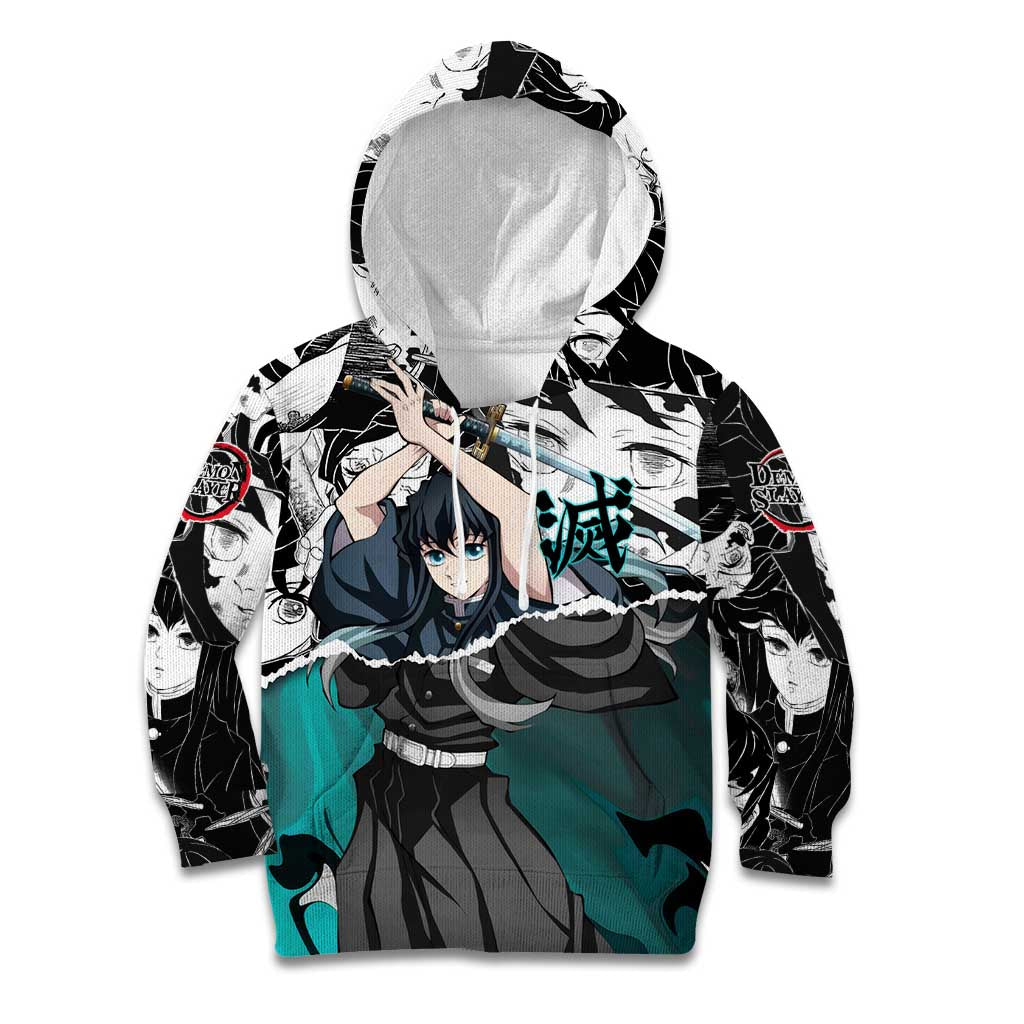 Muichiro Tokito Demon Slayer Mist Hashira Design Kid Hoodie with Manga Panels and Teal Sword Art - The Mazicc